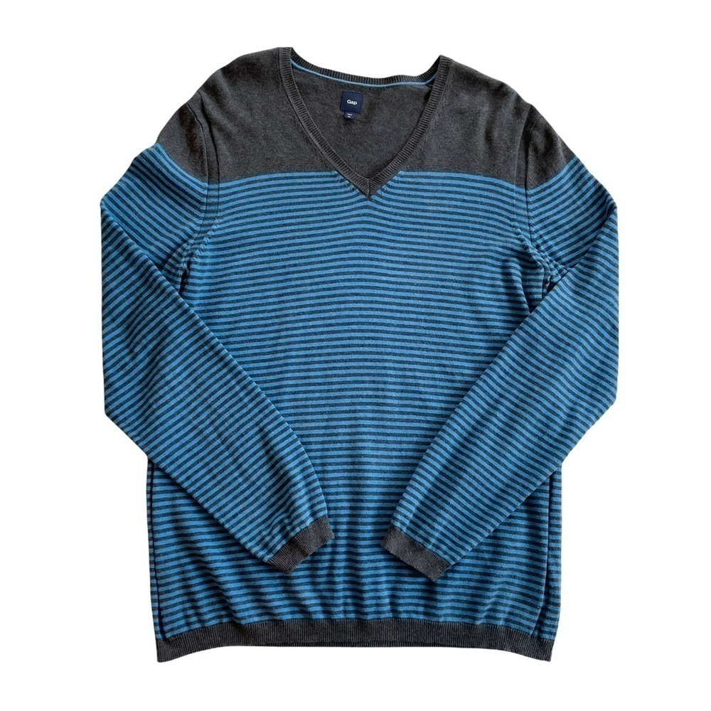 GAP Striped Cotton Classic V-Neck Pullover Sweater Heather Gray Blue XL